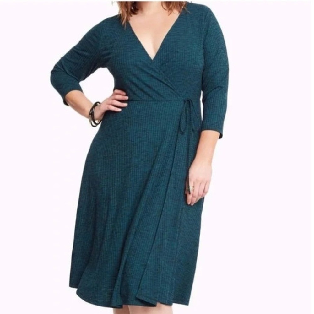 Torrid 13Y NWT Teal Rib Knit 3/4 Sleeve Faux Wrap Dress Plus Size 2 / 2X‎